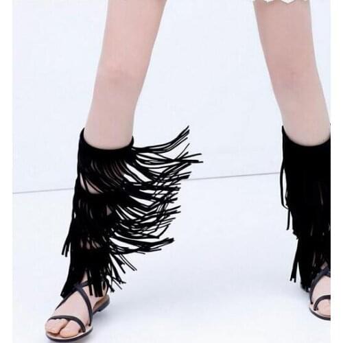 Summer Hot Black Leather Fringe Women Knee High Sandals Open Toe Zipper Back Ladies Fashion Gladiator Sandals Female Party Shoes