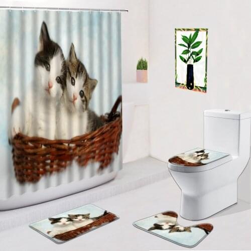 Cute Cat Shower Curtain Bulldog 3D Animal Creativity Bathroom Decor Non-slip Flannel Carpet Bath Mat Door Pad Toilet Cover Set