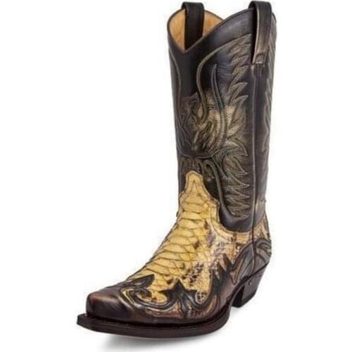 New Mens PU Leather Thick Heel Color Matching Pointed Western Cowboy Boots Exquisite Embroidery Sewing Personalized Trend KP292