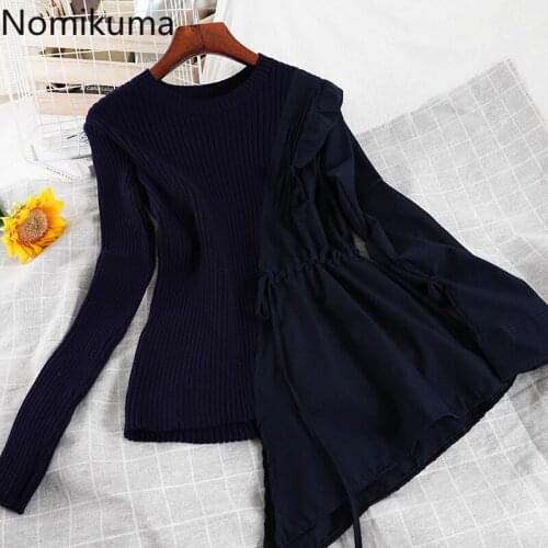 Nomikuma Korean Patchwork Irregular Women Knitwear Drawstring Slim Waist Pullovers Causal Long Sleeve Elegant Knitted Tops 6E171