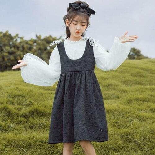 2021 Autumn Girls Sets Puff Sleeve White Shirts Tops + Black Sleeveless Dress 2 Pcs Set Children Teen Girl Kids Clothes Suit