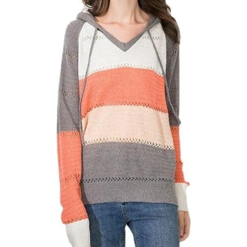 2021 Autumn Fashion Hooded Pullover Sweater Women Casual Slim Striped Knitted Long Sleeve Sweater Black Blue Grey Clothes Tops