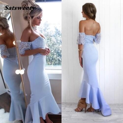 Off Shoulder Mermaid Bridesmaid Dress Lace Ruffles Sexy Elegant Strapless Satin Trumpet Formal Wedding Guest Party Dress