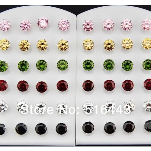 Charms 48pcs 8mm Mix Color AAA+ Cubic Zirconia Stainless Steel Stud Earrings for Womens Mens Wholesale Jewelry Lots A667