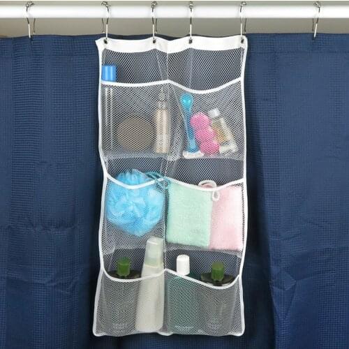 Mesh Shower Organiser Bathroom Hanging Storage Bag Mesh with 6 Pockets Machine Washable Quick Dry Bath Room Curtains 4 Buckles