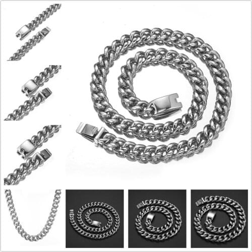 13mm/15mm/19mm Heavy Strong Stainless Steel Silver Color Miami Cuban Curb Chain Mens Male Necklace Or Bracelet Jewelry 7-40"Hot