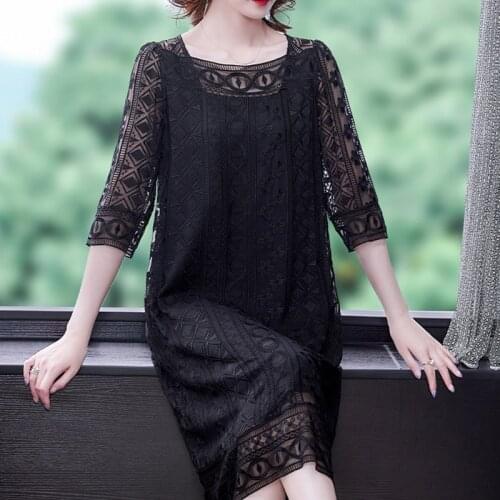 Summer Vinatge 5XL Plus Size Solid Dress Black Lace Mulberry Casual Loose Midi Dress 2021 Women Elegant Bodycon Party Vestidos