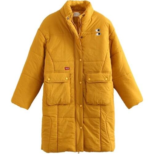 Long Parkas Jacket For Women Yellow Solid Cartoon Embridery Pocket Coat 2020 Winter Long Sleeve Single-breasted Warm Outwear