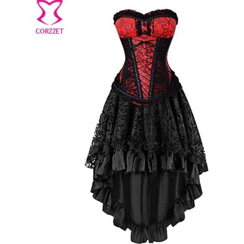 Womens Victorian Brocade with Lace Overbust Steampunk Corset Dress Burlesque Party Masquerade Gothic Corset Skirt Sets