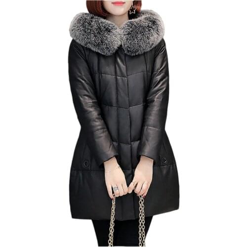 2020 High Quality Sheepskin Down Jacket Women Winter Fox Fur Collar Hooded Genuine Leather Outerwear White Duck Down Coats KW227