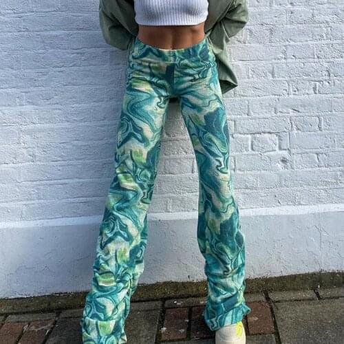 2021 Abstract Print Trousers Women Y2K Green Pleated Pile Hip Hop Pants Summer Spring Casual Vintage High Waist Trousers 90s