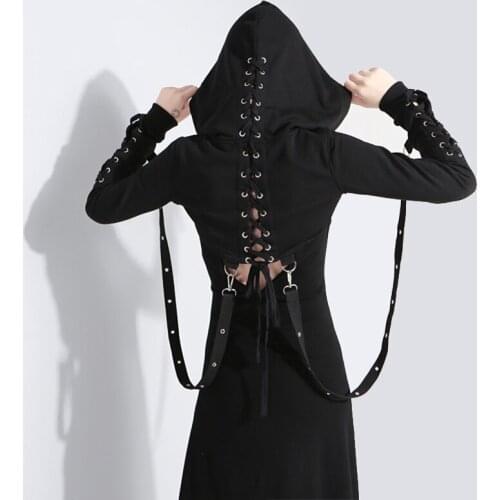 Womens Darkness Gothic Punk Rock Short Sweatshirt Hollowed Back Long Sleeve Bandage Crop Hooded Crop Halloween Party Outwear