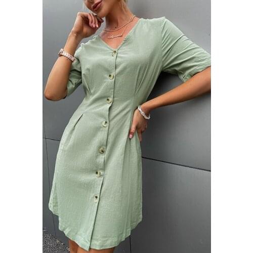 Fashion New Summer 2021 Casual V-Neck Solid Short Sleeve Single Breasted Dresses Women A-LINE Dress for Women Donsignet