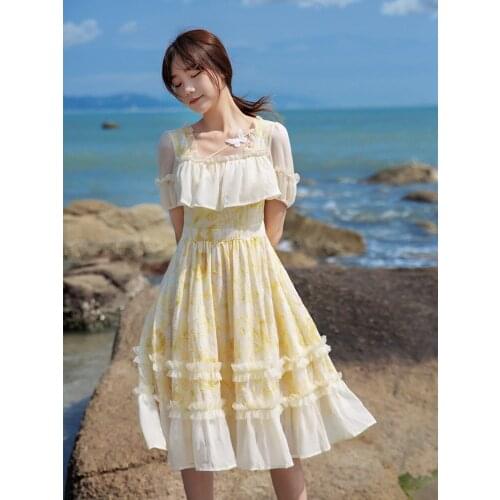 Sweet First Love Gentle Wind Dating Dress Summer Slim Temperament Chiffon Butterfly Square Neck Fairy Ruffled Princess DressFema