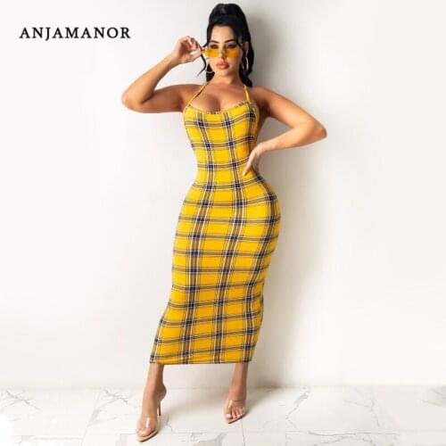 ANJAMANOR Yellow Plaid Backless Bodycon Dress Summer 2021 Sexy Plus Size Women Clothing Clubwear Chic Midi Dresses D42-BH16