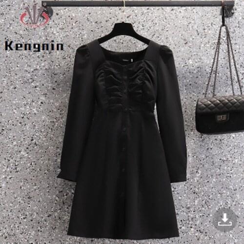 New 2021 Autumn Winter Women Tunic Dresses Vintage Square Collar Femal Black Dress Robe Pleated Office Lady Work Vestidos KE1773