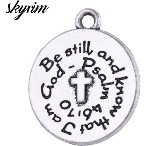 10pcs DIY Jewelry Finding Crafts Religious Circle Cross Charm Be Still and Know That I Am God Word Statement Round Pendant