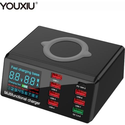 YOUXIU 8 Ports USB Charger 100W Quick Charge 3.0 Qi Adapter For Samsung S10 S9 Xiaomi Wireless Fast Charger For IPhone 11 ProMax
