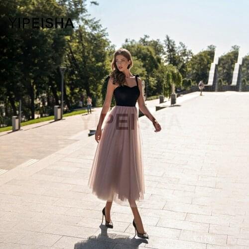 2021 New Spaghetti Strap Backless Evening Dress Sleeveless Tea-Length Tulle Prom Party Gown robe de soirée de mariage