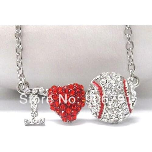 30pcs 1lot alloy silver plated red heart with i love baseball sport series pendant necklaces