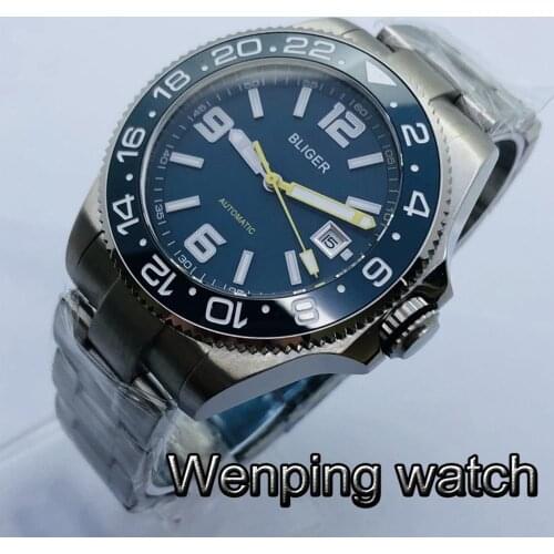 Bliger New 43mm Silver Case Sapphire Glass Ceramic Bezel Blue Dial Date Luminous Mens Top Automatic Mechanical Watch