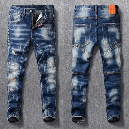 American Streetwear Fashion Men Jeans Retro Blue Ripped Jeans Elastic Slim Fit Embroidery Patchwork Designer Hip Hop Denim Pants
