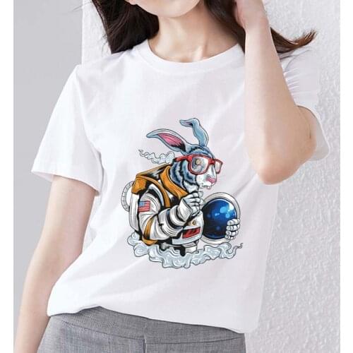 T-shirt Womens Casual Slim Cartoon Super Aerospace Rabbit Print Series Soft O-neck Polyester Commuter Ladies Short-sleeved Top