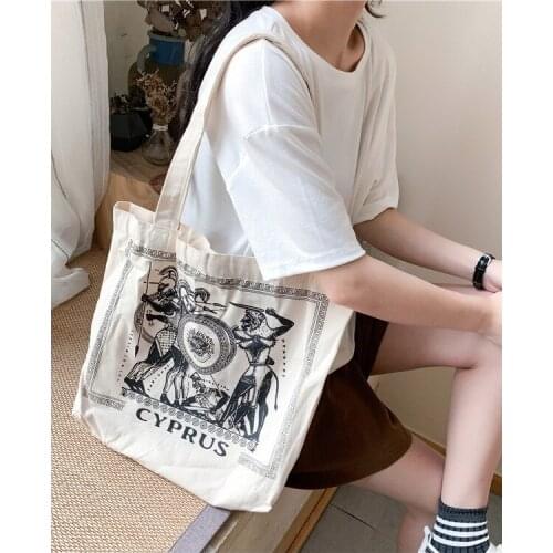 Women Canvas Shoulder Bags Girls Vintage Large Capacity Cotton Cloth Shopping Bag Greek Students Eco Simple Handbag Totes