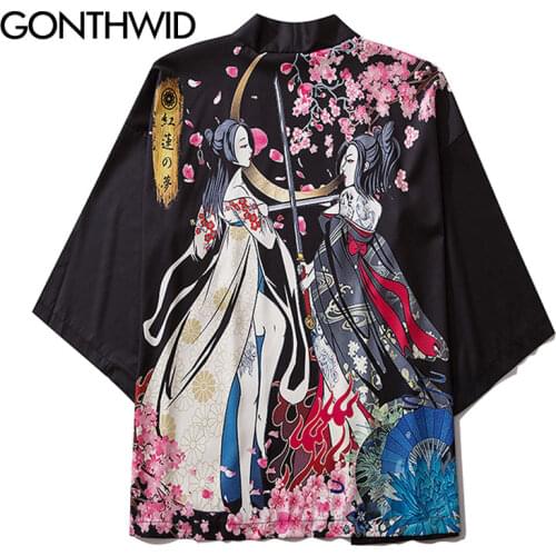 GONTHWID Japanese Girls Cherry Blossoms Print Kimono Cardigan Jackets Streetwear Hip Hop Casual Open Front Coats Shirts Tops Men