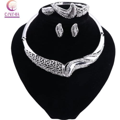Bridal Dubai Silver Plated Jewelry Sets For Women Elegant African Beads Jewelry Set Nigerian Wedding Party Rhinestone Set