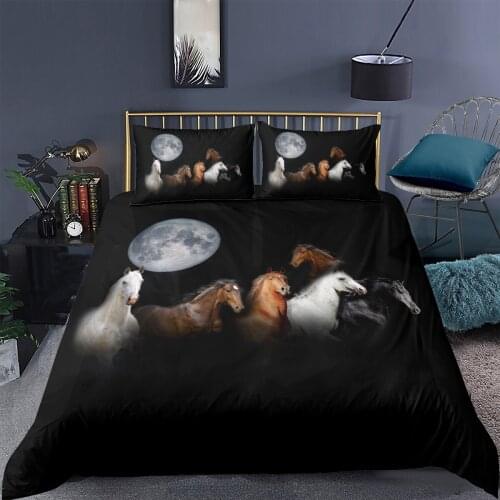 3D Black Quilt Cover Sets Horse Linens Bed Pillow Sham Full Double Single Twin Queen King Size 203*230cm Animals Bedding Set