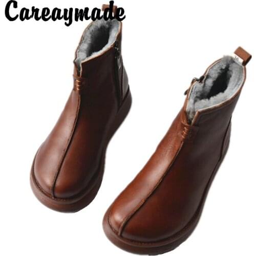 Careaymade-Full-leather Pure Wool Medium-high Slope-heel Shoes,Original Thick-soled Sheepskin and Fur Warm Womens Shoes