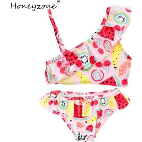 Honeyzone Baby Girl Swimsuit Ruffed Colorful Printing Kids Swimwear Knitted Flower Toddler Swim Wear Two Piece Bathing Set
