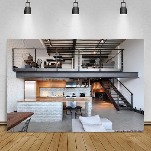 Laeacco Modern Loft House Kitchen Living Room Interior Scene Photography Backgrounds Photographic Backdrops For Photo Studio