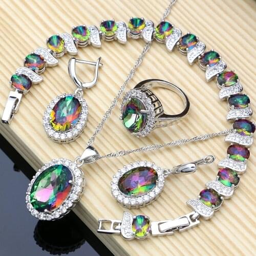 Rainbow Cubic Zirconia Crystal Bridal Jewelry Sets Ring for Women Earrings with Stone Bracelet Necklace Set Dropshipping