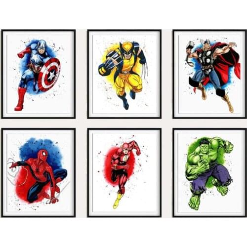 Marvel Avengers Wall Art Canvas Print Painting Watercolor Superhero Cartoon Posters Cuadros for Living Kids Room Room Decor