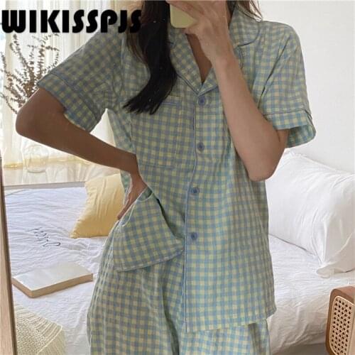New Style Lattice Pajamas Home Wear Short Sleeve Pants Suit Womens Home Wear In 2021 Summer Pajamas for Teen Girls Lounge Wear