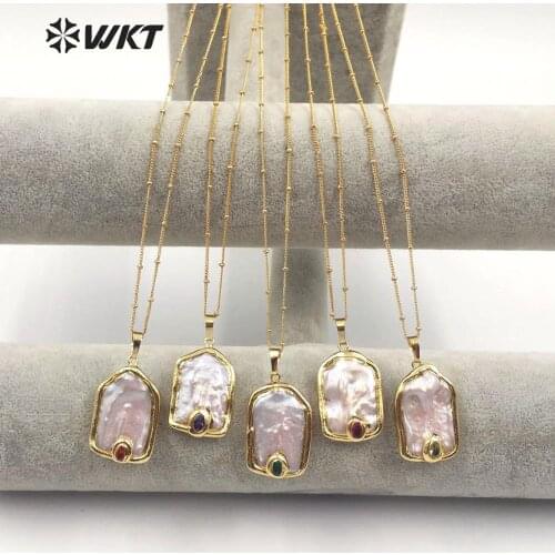 WT-MN958 Natural Freshwater Pearl Necklace With CZ paved square pearl Pendant With Gold Electroplated Ball Bead Chain Necklace