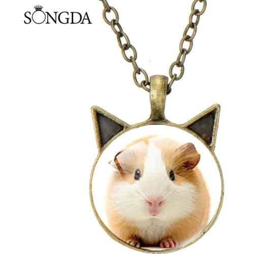 SONGDA Guinea Pig Cartoon Pictures Man Womoen Pandent Necklace Cat Ear Art Photo Glass Metal Chain Gifts For Child Boy Jewelry