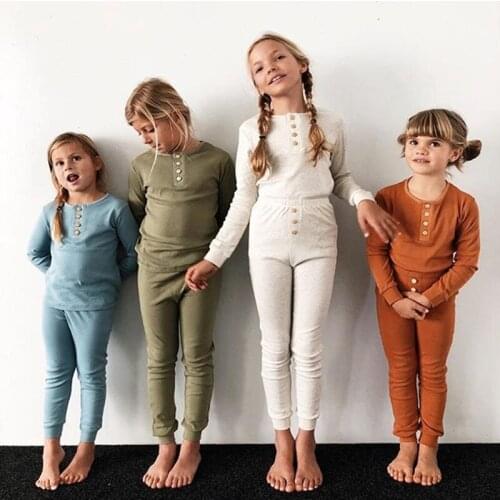 Autumn Baby Boys Girls Pajamas Set Children Kids Solid Sleepwear Soft Girls Evening Dress Boys Homewear Loungewear Hot Sale
