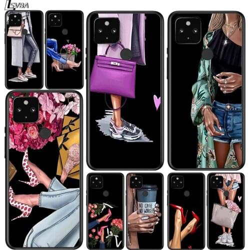 High Heels Flower Girl Shockproof Cover for Google Pixel 5 5A 4 4A XL 5G Black Phone Case Shell Soft Fundas Coque Capa