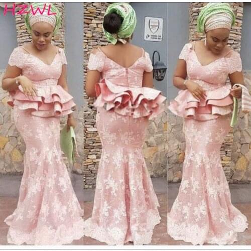 Pink Mermaid Evening Dresses Aso Ebi Tiered Peplum Plus Size Prom Dress Lace Women Formal Wear robes de soirée