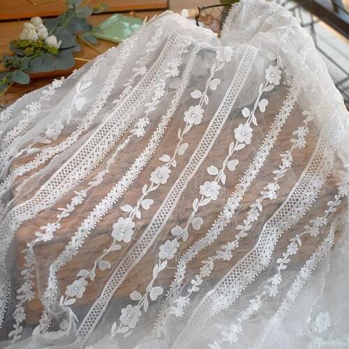 1meter Mesh fabric 3D embroidery soft yarn white lace dress clothing window screen home fabric handmade DIY cloth