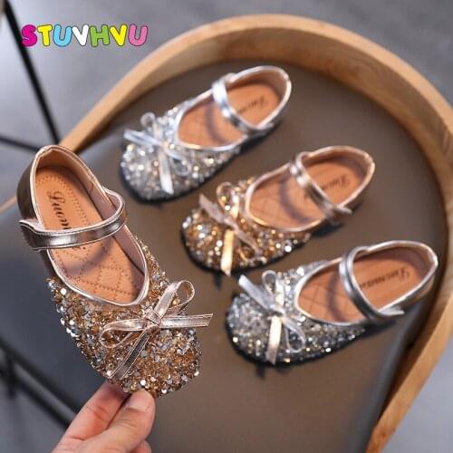 Girls Princess Shoes Leather Spring and Autumn New Sequin Bow Childrens Shoes Soft Bottom Comfortable Little Girls Dance Shoes