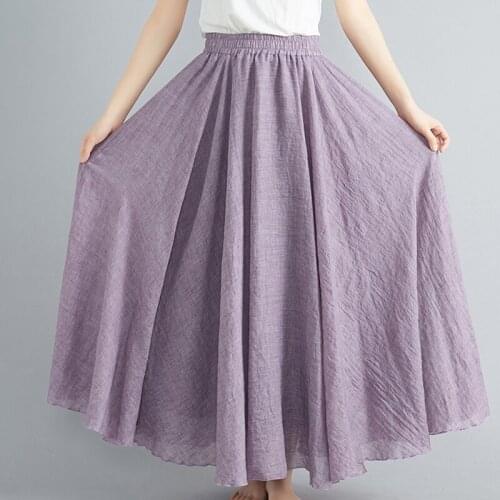 Vintage Women Cotton Linen Skirt High Waisted Elegant Sexy Solid Pleated Female Maxi Skirts Women Long Skirts