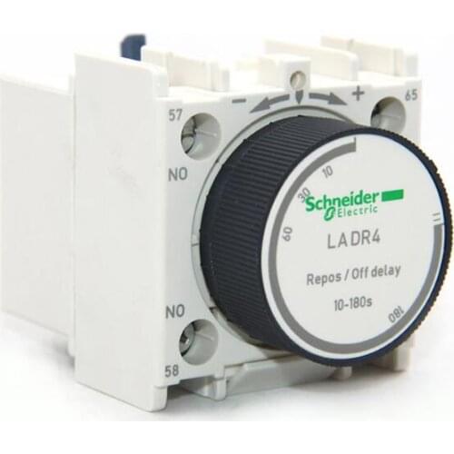 LADR4 Time delay auxiliary contact block, TeSys D, 1NO + 1NC, off delay 10-180 s, front mounting, screw terminals