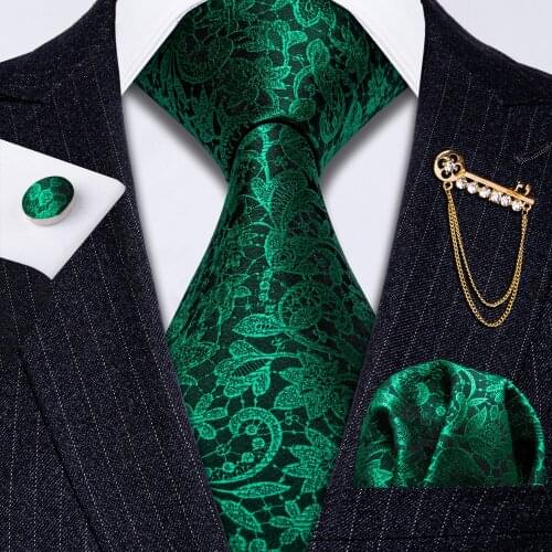 Green Floral Men Tie Brooch Set Silk Tie For Men Gifts Necktie Handkerchief Cufflinks Set Barry.Wang Designer Tie Set GS-5232