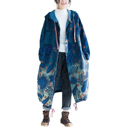 National Wind Print Long Windbreaker Jacket Casual Hooded Oversized Jacket Coat Women