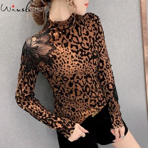 New 2021 Leopard Flocking T-Shirt Tops For Womens Girls Mesh Leaf Patchwork Fashion Women Clothing Long Sleeve T0N608A