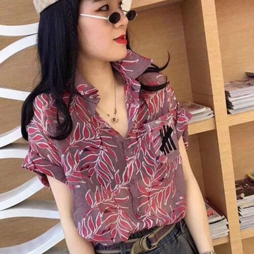 Women Spring Summer Style Chiffon Blouses Shirts Lady Casual Short Sleeve Turn-down Collar Leaf Print Chiffon Blusas Tops ZZ0460